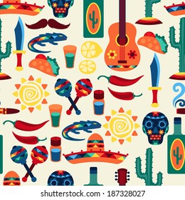 Mexican seamless pattern with icons in native style.