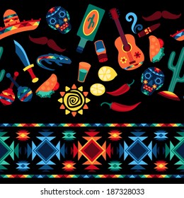 Mexican seamless pattern with icons in native style.