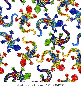 Mexican seamless pattern with lizards. Traditional decorative objects. Talavera ornamental ceramic. Ethnic folk ornament.