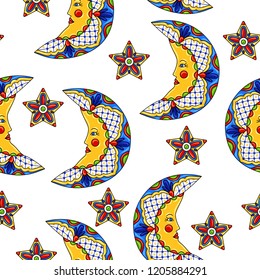 Mexican seamless pattern with moons and stars. Traditional decorative objects. Talavera ornamental ceramic. Ethnic folk ornament.