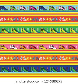 Mexican seamless pattern. Multicolored endless border. Ornament of signs old traditional Latin American style. Decorative playful background. Wallpaper, web banner vectror illustration quirky design