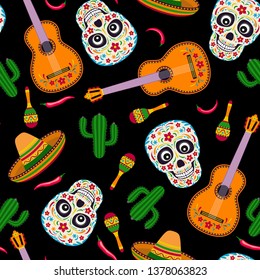 mexican seamless pattern on black background. Skull, guitar, maracas, cactus, chili pepper, sombrero. Vector festive illustration in cartoon simple flat style. Cinco de mayo card.