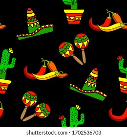 Mexican seamless pattern with sombrero hat, maracas,  cactus and chill pepper vector on black background