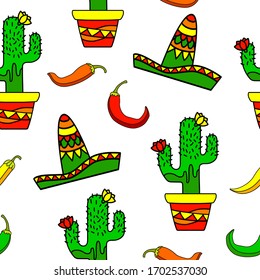 Mexican seamless pattern with sombrero hat, maracas,  cactus and chill pepper vector on white background