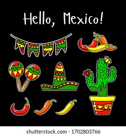 Mexican seamless pattern with sombrero hat, maracas,  cactus and chill pepper vector on black background