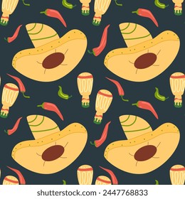 Mexican seamless pattern. Sombrero, maracas and hot pepper repeat background. Hats of mariachi musicians endless cover. Music festival loop ornament. Vector flat illustration.