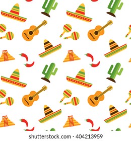 Mexican Seamless Pattern with sombrero, maracas, guitar, cactus, pyramid and chill pepper, vector illustration