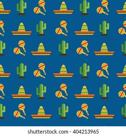 Mexican Seamless Pattern with sombrero, maracas and cactus, vector illustration