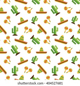 Mexican Seamless Pattern with sombrero, maracas, cactus, vector illustration