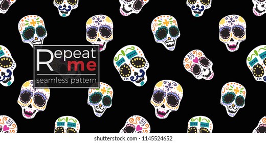 Mexican seamless pattern with sugar skulls, female and male. Traditional elements on dark repeatable background. Watercolor style illustration on black backdrop.