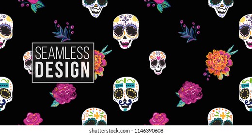 Mexican seamless pattern with sugar skulls and embroidery rose and peony. Traditional elements on dark repeatable background. Watercolor style illustration on black backdrop.