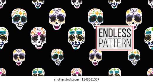 Mexican seamless pattern with sugar skulls, female and male. Traditional elements on dark repeatable background. Watercolor style illustration on black backdrop.