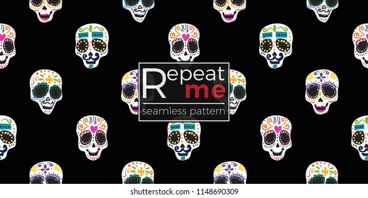 Mexican seamless pattern with sugar skulls, female and male. Traditional elements on dark repeatable background. Watercolor style illustration on black backdrop.