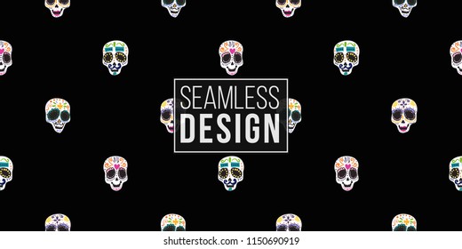 Mexican seamless pattern with sugar skulls, female and male. Traditional elements on dark repeatable background. Watercolor style illustration on black backdrop.