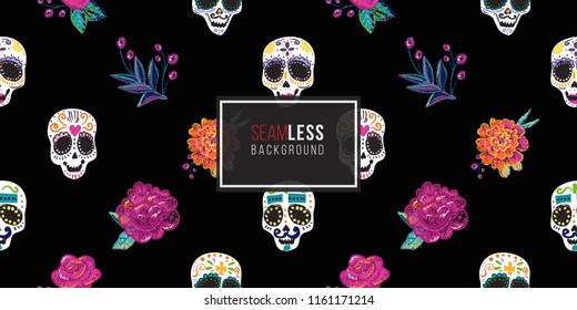 Mexican seamless pattern with sugar skulls and embroidery rose and peony. Traditional elements on dark repeatable background. Watercolor style illustration on black backdrop.