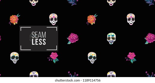 Mexican seamless pattern with sugar skulls and embroidery rose and peony. Traditional elements on dark repeatable background. Watercolor style illustration on black backdrop.