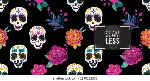 Mexican seamless pattern with sugar skulls and embroidery rose and peony. Traditional elements on dark repeatable background. Watercolor style illustration on black backdrop.