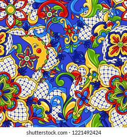 Mexican seamless pattern. Traditional decorative objects. Talavera ornamental ceramic. Ethnic folk ornament.