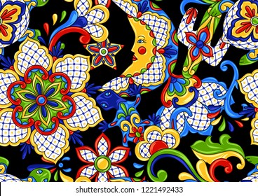 Mexican seamless pattern. Traditional decorative objects. Talavera ornamental ceramic. Ethnic folk ornament.