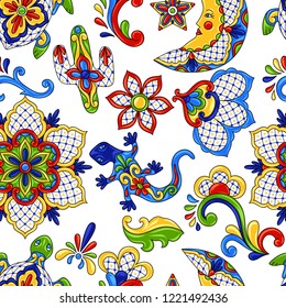 Mexican seamless pattern. Traditional decorative objects. Talavera ornamental ceramic. Ethnic folk ornament.