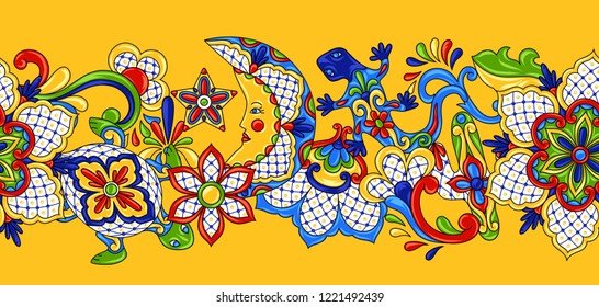 Mexican seamless pattern. Traditional decorative objects. Talavera ornamental ceramic. Ethnic folk ornament.