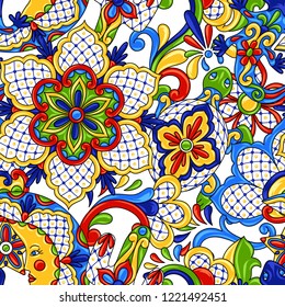 Mexican seamless pattern. Traditional decorative objects. Talavera ornamental ceramic. Ethnic folk ornament.