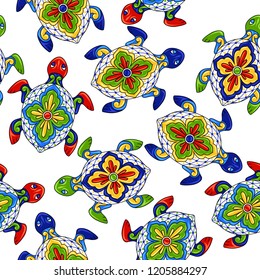 Mexican seamless pattern with turtles. Traditional decorative objects. Talavera ornamental ceramic. Ethnic folk ornament.