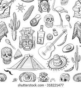 Mexican seamless pattern-guitar, sombrero, tequila, taco, skull, aztec mask, music instruments. Isolated national elements made in vector.