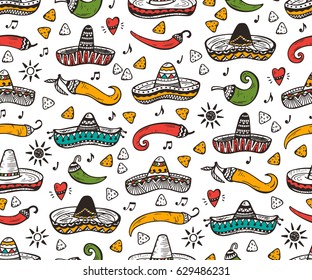 Mexican Seamless patterns. Mexico Vector background. Hand drawn doodle Mexican Sombrero, Sun, Pepper Chili, Nachos 