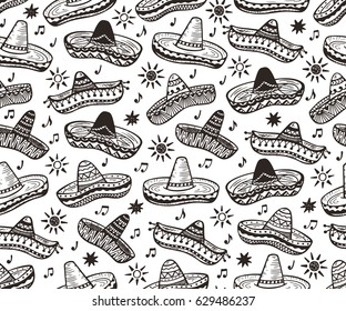 Mexican Seamless patterns. Mexico Vector background. Hand drawn doodle Mexican Sombrero, Sun, Musical notes