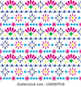 Mexican seamless textile vector pattern with flowers and abstract shapes, floral folk art decorations from Mexico. Vibrant epetitive decoration, floral retro design form Mexico, vibrant greeting card 