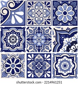  Patrón vectorial de baldosas mexicanas sin costura, gran conjunto con flores, hojas y formas geométricas en azul marino. Colección tradicional de azulejos índigo inspirada en el arte de México perfecto para papel de pared, textiles 