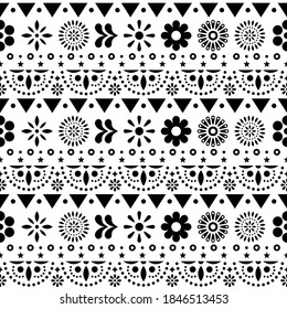 Mexican seamless vector black and white pattern with flowers and abstract shapes - textile, wallpaper design
. Folk art monochrome repetitive decoration, floral retro design form Mexico