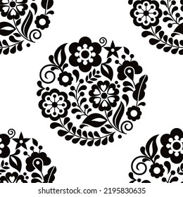 Mexican seamless vector black and white pattern with floral bouquets, textile or fabric print design inspired by traditio. Spring monochrome background, repetitive ornament with flowers and leaves