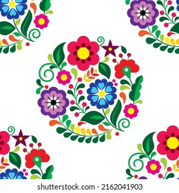 Mexican seamless vector pattern with floral bouquets, textile or fabric print design inspired by traditional embroidery crafts from Mexico. Spring background in vibrant colors, repetitive ornament 