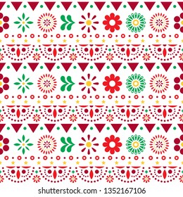 Mexikanisches nahtloses Vektormuster mit Blumen und abstrakten Formen - Textilien, Tapeten-Design. 
Folk-Kunst-repetitive Dekoration, florales Retro-Design aus Mexiko in Rot, Orange und Grün auf Weiß 