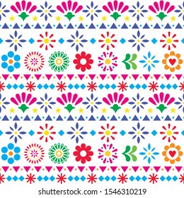 Mexican seamless vector pattern with flowers and abstract shapes - floral, happy textile or wallpaper design. Folk art repetitive decoration, floral retro design form Mexico, vibrant greeting card 