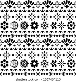 Mexican seamless vector pattern with flowers and abstract shapes - floral, happy textile black and white design. 
Folk art repetitive decoration, floral retro design form Mexico, monochrome 