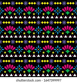 Mexican seamless vector pattern with flowers and abstract shapes - floral, happy textile or wallpaper design on black background. Folk art repetitive decoration, floral retro design form Mexico