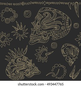 Mexican seamless vector pattern on theme of day of the dead. Painted skulls in profile with beads and ethnic elements. Linear skull on a black background.