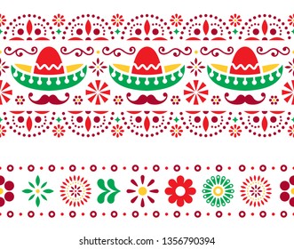 Mexican seamless vector pattern with sombrero, mustache and flowers - textile, wallpaper design. 
Repetitive design inspired by traditional art from Mexico, cute ornament in red, brown and green
