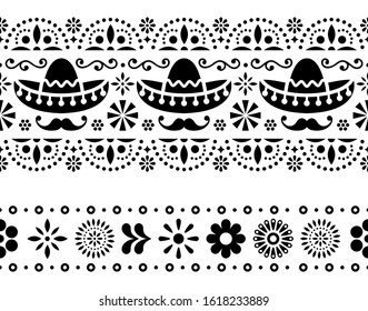 Mexican seamless vector pattern with sombrero, mustache and flowers - textile, wallpaper design. Repetitive design inspired by traditional art from Mexico, cute ornament in black and white

