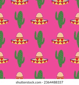 Mexican seamless vector pattern with sombrero hat and cactus