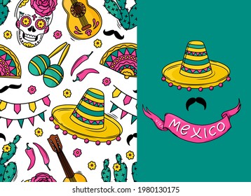 Mexican seamless vector pattern with sugar skulls, flowers, guitar, cacti, mustache on white background. A pattern for a holiday. Viva mexico postcard.