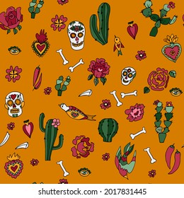 Mexican seamless vector pattern. Mexican symbols: heart, cactus, pepper, skeleton orange seamless pattern 