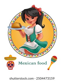 Mexicano sirviendo taco en bandeja logotipo mascota ilustración