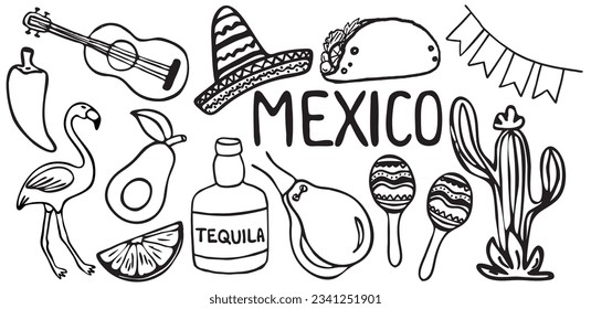 Mexican set of attractions. Cactus, guitar, tequila, lime, sombrero, taco, flamingo, avocado, castanets, pepper. Isolated on a white background.