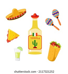 Mexican set. Bottle of tequila, shot of tequila and lime, nachos, tacos, Mexican hat, maracas. Icon, clipart for website, travel app, Mexican food, restaurant, exotic. Vector cartoon flat illustration