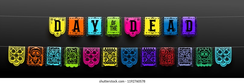 Mexican set of bunting for Day of the Dead. Dia de los Muertos. Hand drawn. For your design horizontal web banner. Vector illustration. Isolated on black background.
