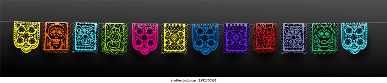 Mexican set of bunting for Day of the Dead. Dia de los Muertos. Hand drawn. For your design horizontal web banner. Vector illustration. Isolated on black background.